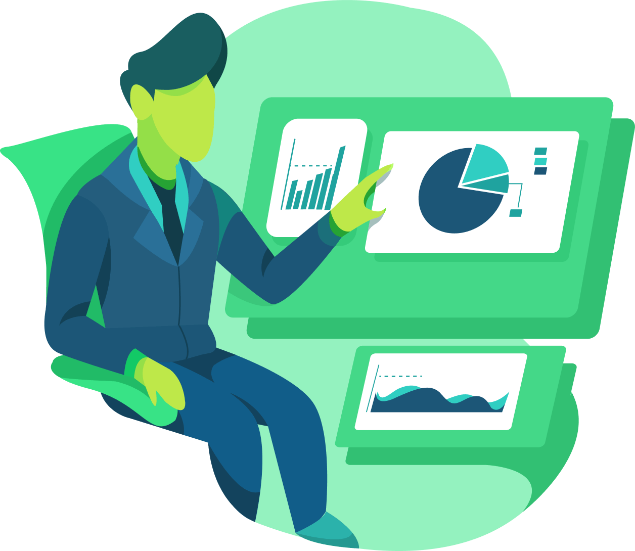 Digital marketing strategy a man sitting at a desk pointing at a graph